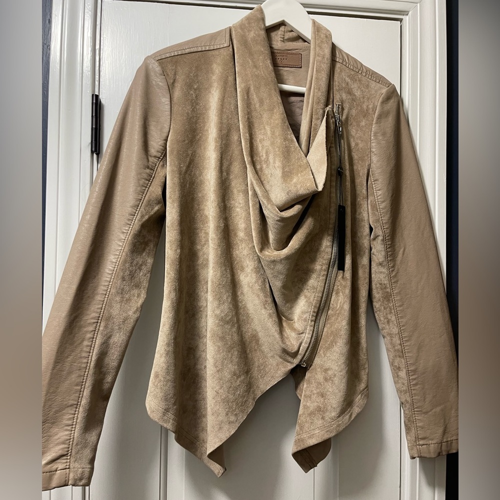 Suede faux leather tan moto jacket NWT with asymmetrical zip drape hem